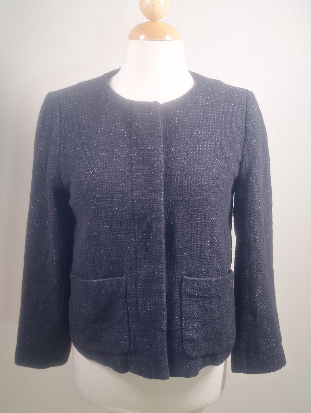 EILEEN FISHER Blazer S Cotton Linen Tweed Jacket Hidden Button Front Black